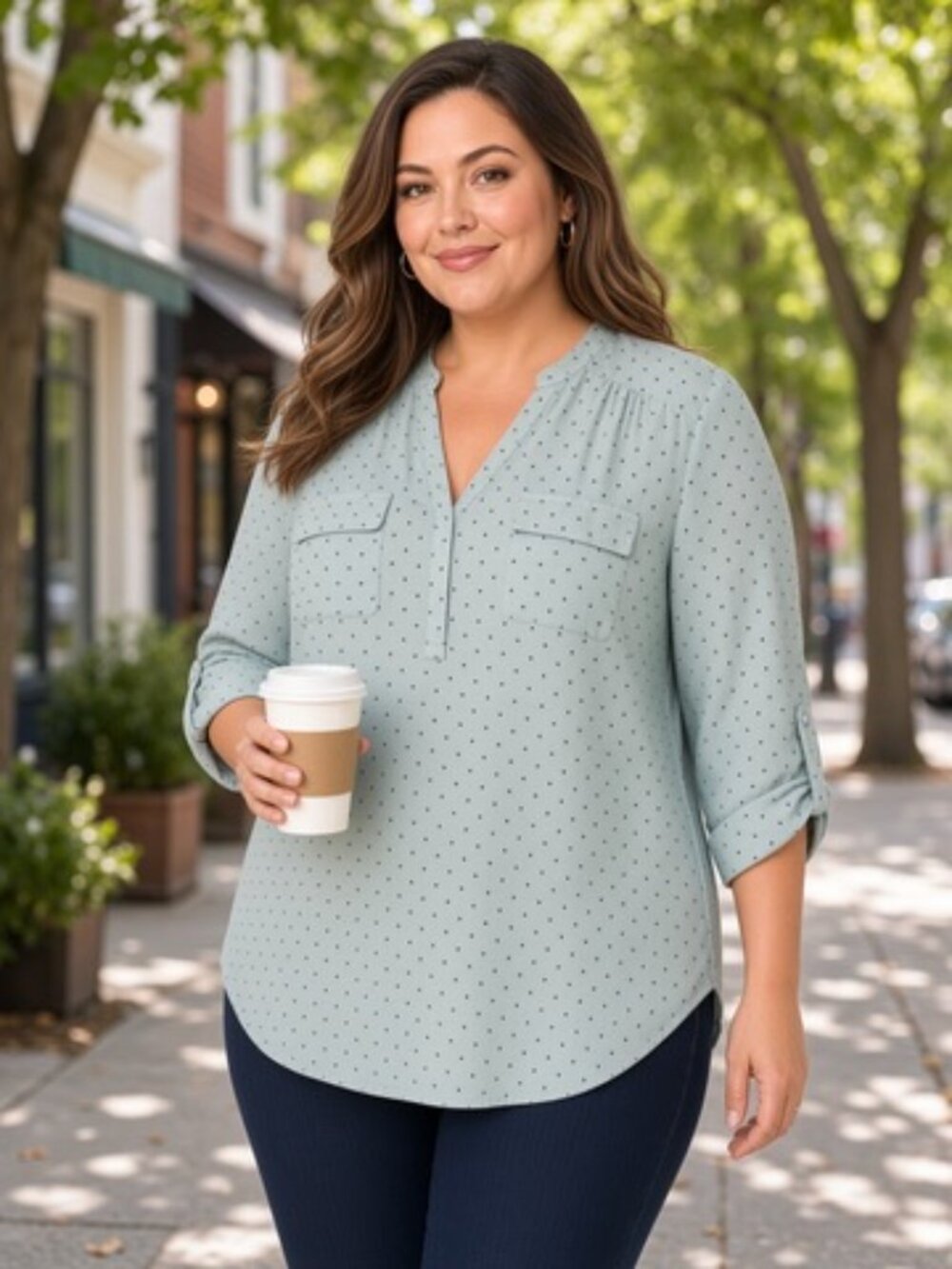 Torrid Polka Dot Blouse Light Blue Roll Sleeve - Picture 8 of 17